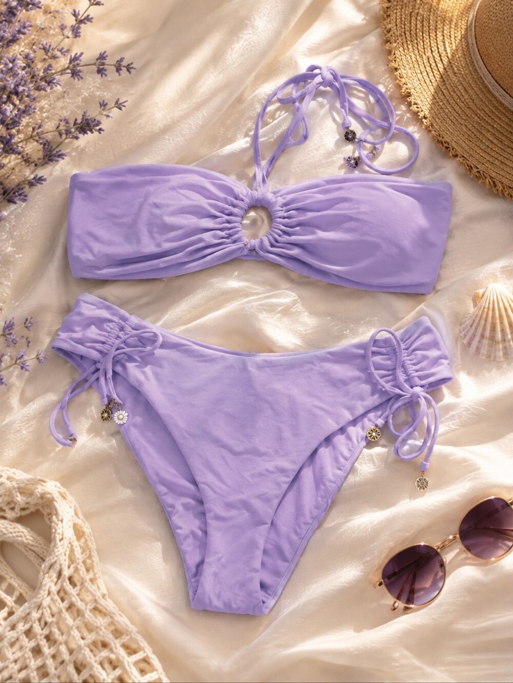 Dippin' Daisy's Lavender Bandeau Bikini Set Ring Detail Tie Side XL EUC